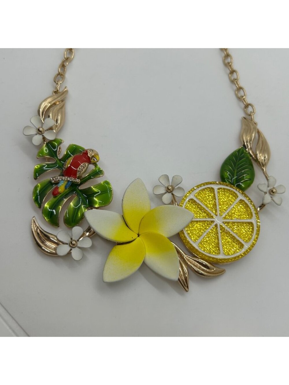 Tropical Statement Necklace Parrot Lemon Flower Gold Tone Enamel Cruise Beach